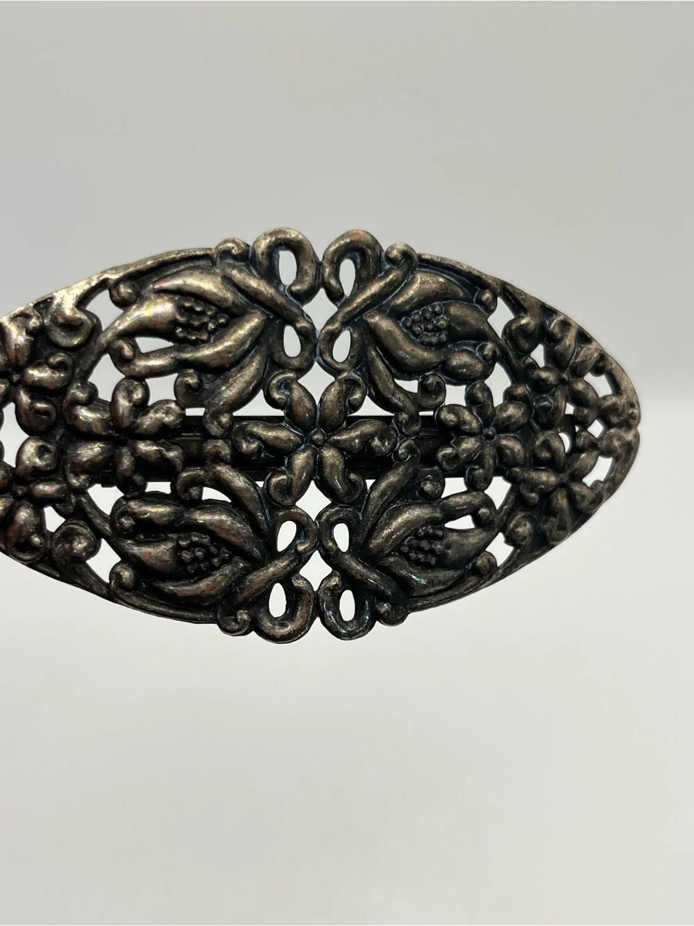 Art Nouveau style silver tone flower filigree oval hair clip barrette